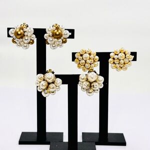 Vintage All Signed Japan Gold & White Pearl Cluster Clip On Earrings 3 Sets